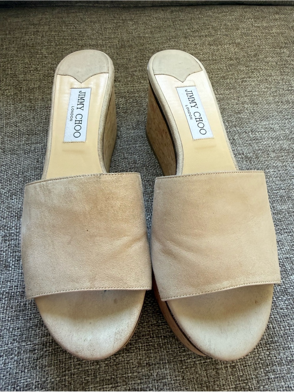 Jimmy Choo London Suede Slide Sandals Beige Nude Size 39 Wedge Slip-On